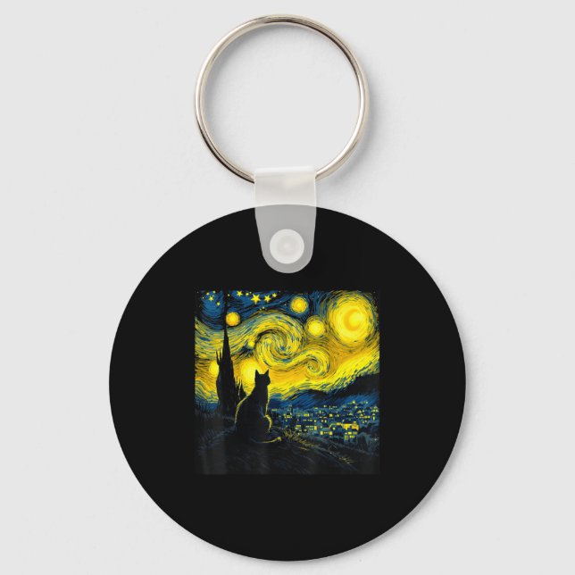 Black Cat Funny Cat Lover Mom Daddy Starry Night V Key Ring (Front)