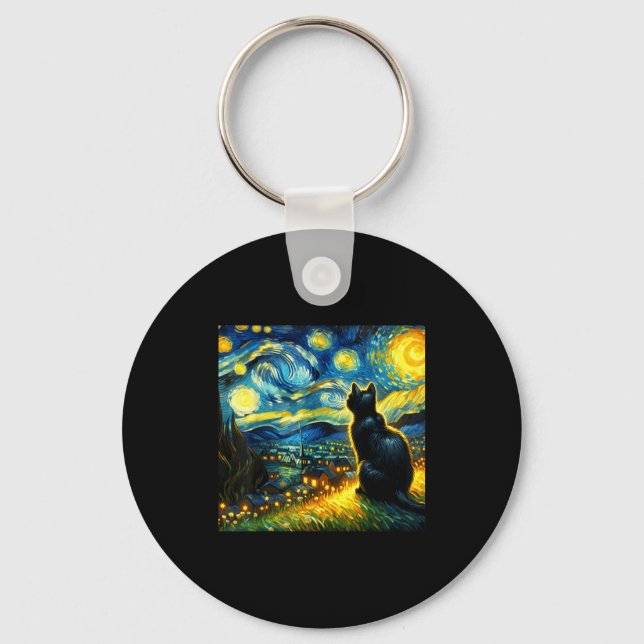 Black Cat Funny Cat Lover Mom Daddy Starry Night V Key Ring (Front)