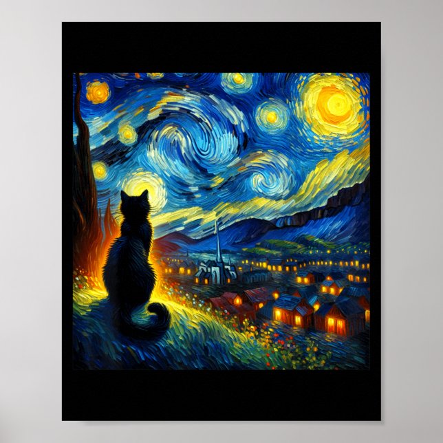 Black Cat Funny Cat Lover Mom Daddy Starry Night V Poster (Front)