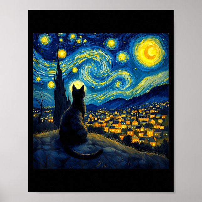 Black Cat Funny Cat Lover Mom Daddy Starry Night V Poster (Front)