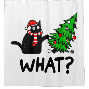 Black Cat Funny Pushing Christmas Tree  Shower Curtain