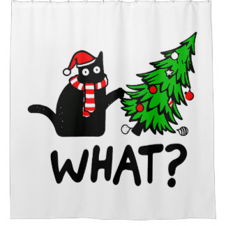 Black Cat Funny Pushing Christmas Tree Shower Curtain