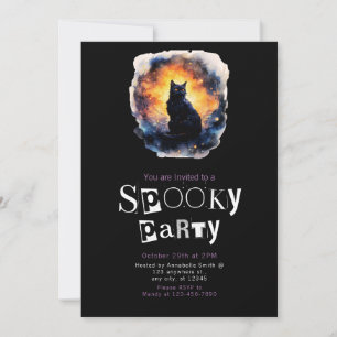 Black Cat Galaxy Modern Minimalist Halloween Invitation