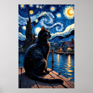 Black cat gazing at a starry night dockside scene  poster
