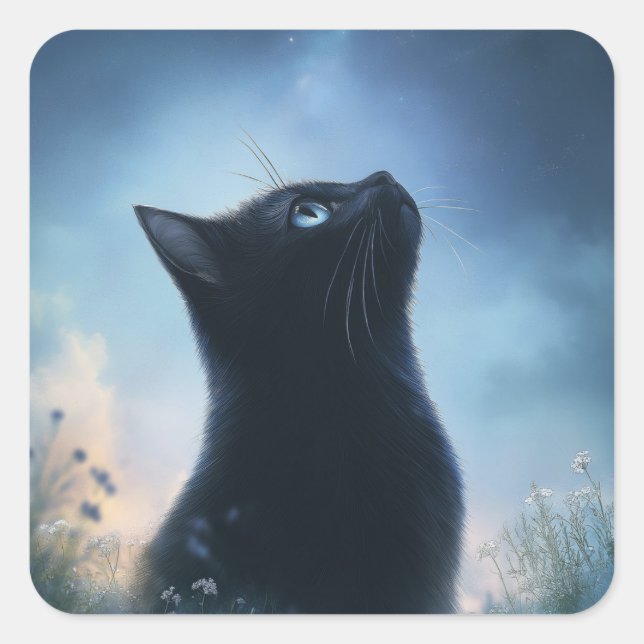 Black Cat Gazing at a Starry Sky Square Sticker (Front)
