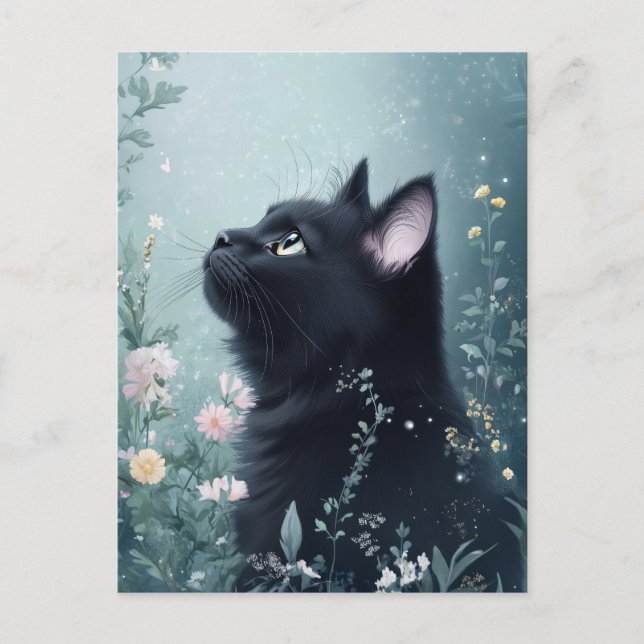 Black Cat Gazing Upward in Magical Flower Garden Postcard (Front)