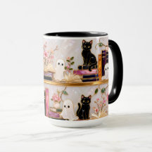 Black Cat Ghost Books Mug Cute Halloween Gift