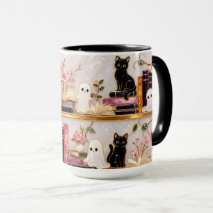 Black Cat Ghost Books Mug Cute Halloween Gift