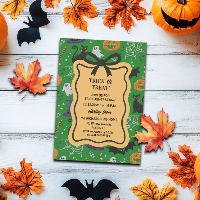Black Cat Ghost Coquette Bow Frame Trick or Treat Invitation (Creator Uploaded)