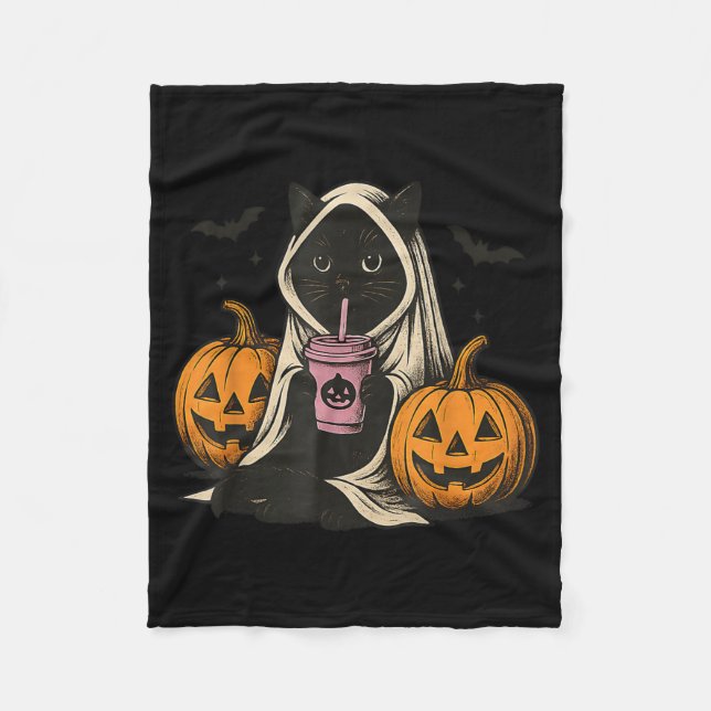 Black Cat Ghost Halloween Fleece Blanket (Front)