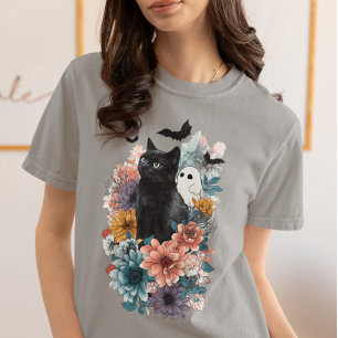 Black Cat Ghost Halloween floral Tri-Blend Shirt