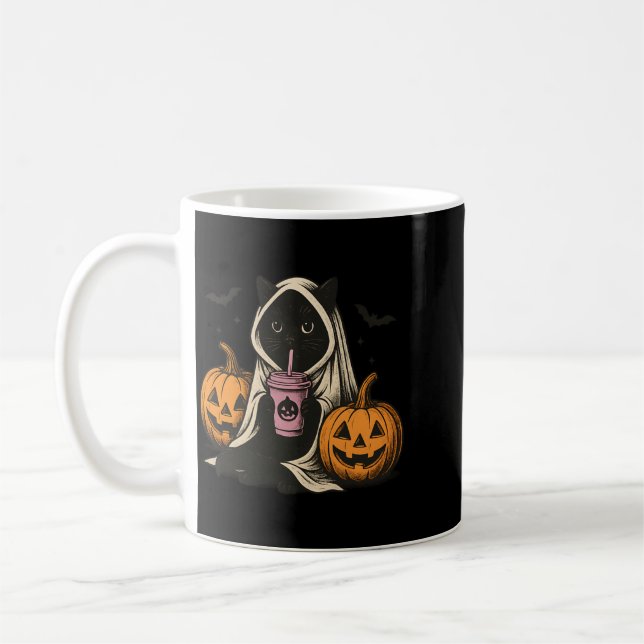 Black Cat Ghost Halloween Performance Coffee Mug (Left)