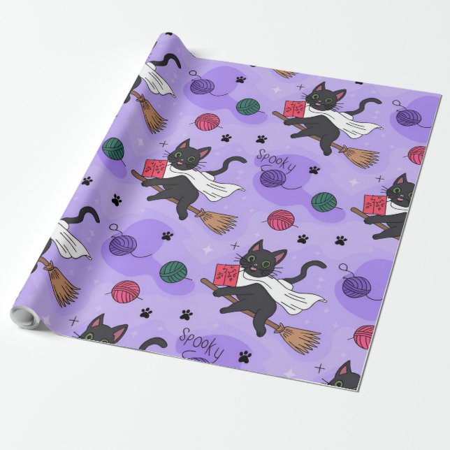 Black Cat Ghost Pattern – Cute Cats in Costumes  Wrapping Paper (Unrolled)