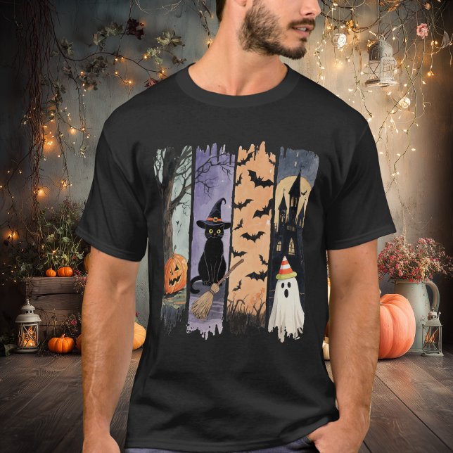 Black Cat, Ghost, Pumpkin, Bats & Haunted House T-Shirt (Creator Uploaded)
