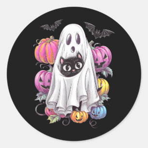 Black Cat Ghost With Pumpkins Spooky Halloween Classic Round Sticker