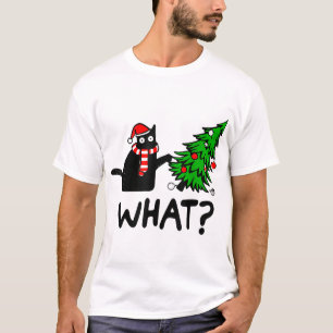 Black Cat Gift Pushing Christmas Tree Over Cat  T-Shirt