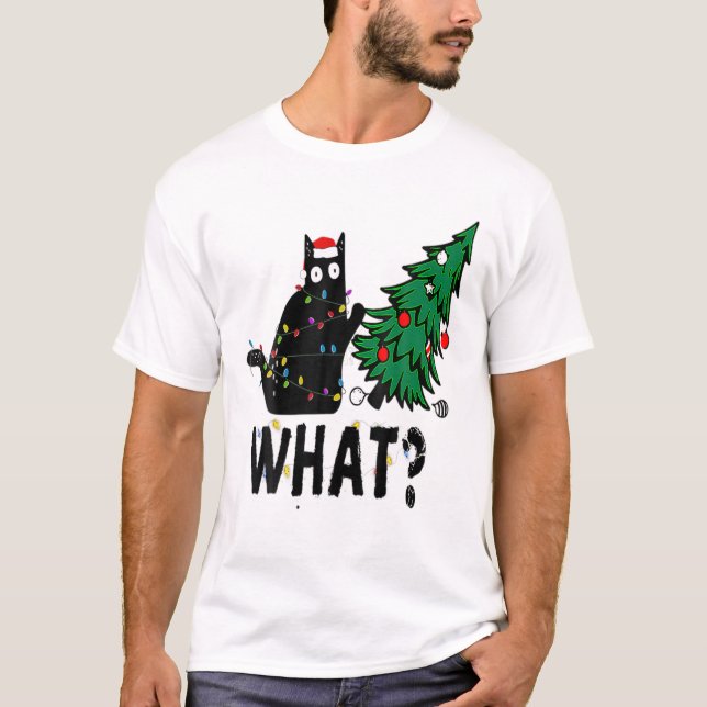 Black Cat Gift Pushing Christmas Tree Over Cat Wha T-Shirt (Front)