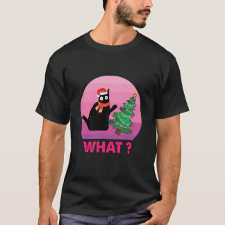 Black cat Gift Pushing Christmas Tree Over cat Wha T-Shirt
