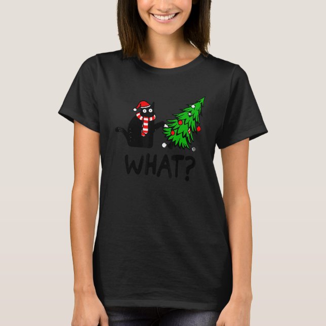 Black Cat Gift Pushing Christmas Tree Over Cat Wha T-Shirt (Front)