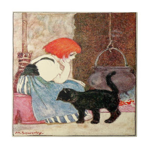 Black Cat Girl with Red Hair Sowerby Ceramic Tile