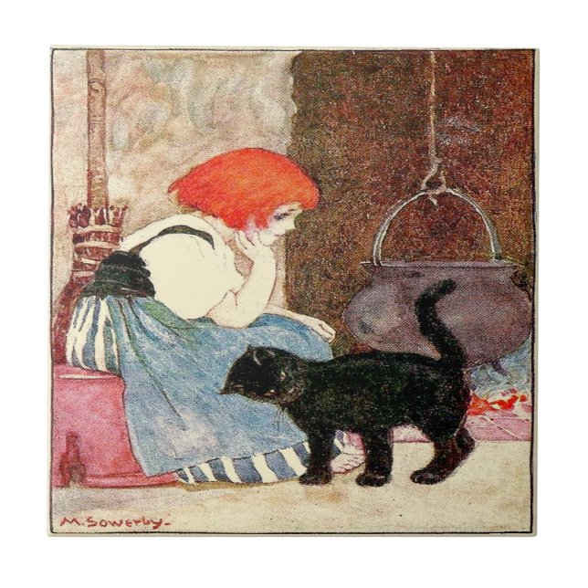 Black Cat Girl with Red Hair Sowerby Ceramic Tile (Front)