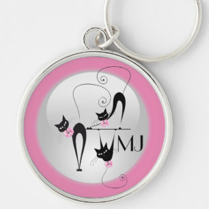Black cat girly pink monogram key ring
