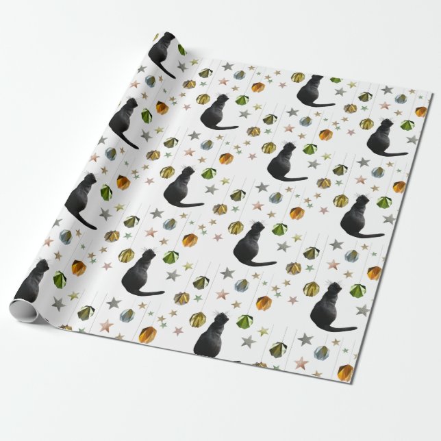 Black Cat Gold Ball and Stars Wrapping Paper (Unrolled)