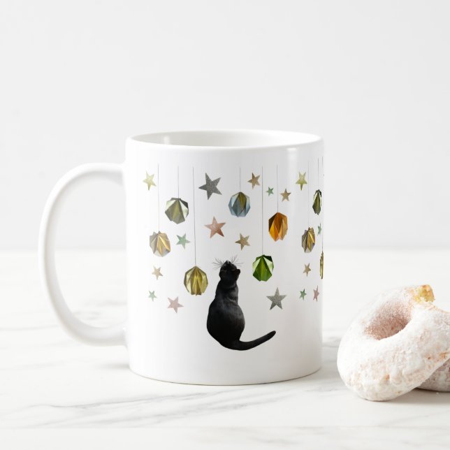 Black Cat Gold Balls and Stars Mug (With Donut)