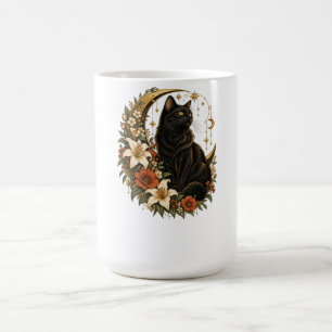 Black Cat Gold Crescent Lilies Floral Coffee Mug