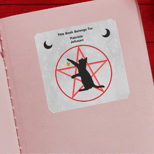 Black Cat Gold Star Black Crescent Moons Pentagram Square Sticker
