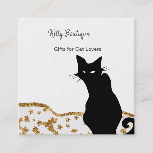 Black Cat Gold Stars Square Business Card (Front)
