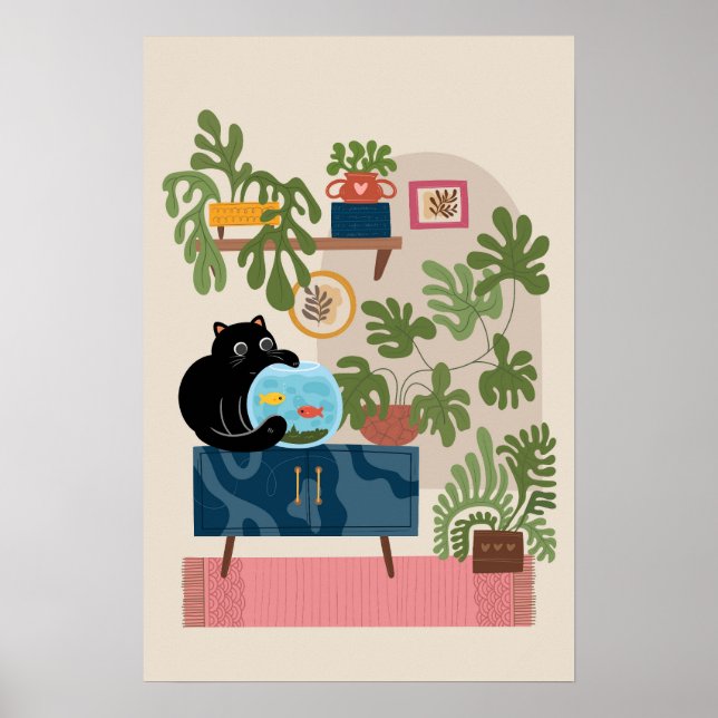 Black Cat Goldfish Playful Cat Lover Poster (Front)