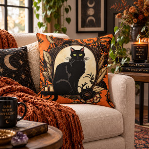 Black Cat Gothic Halloween Folk Art Design Cushion