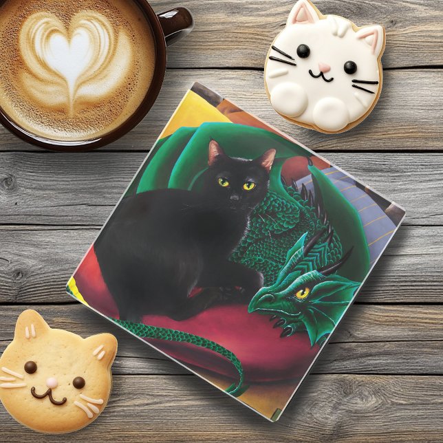  Black Cat Green Dragon Glass Coaster (Creator Uploaded)