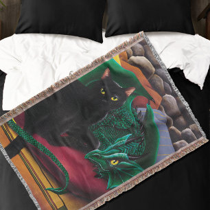  Black Cat Green Dragon Throw Blanket