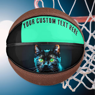 Black Cat Green Eyes Animal Picture Custom Text Mini Basketball