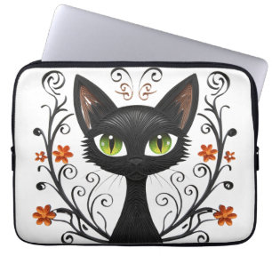 Black Cat Green Eyes Filigree Design laptop case
