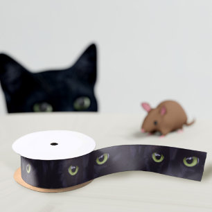 Black Cat Green Eyes Pattern Satin Ribbon