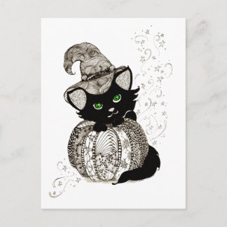 Black Cat Green Eyes Pumpkin Postcard