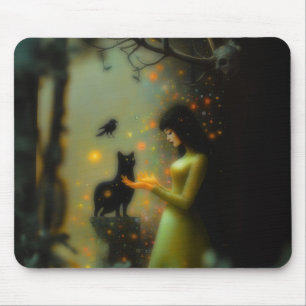 Black Cat Green Forest Occult Dark Witchy AI Art Mouse Pad