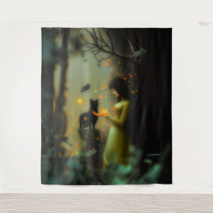 Black Cat Green Forest Occult Dark Witchy AI Art Tapestry
