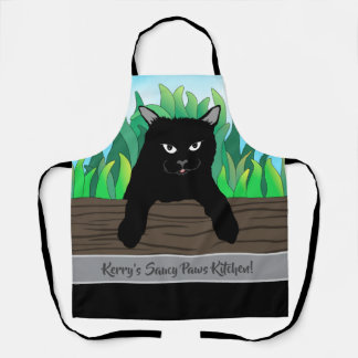Black cat green grass, gray band, Medium Apron