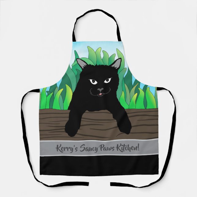 Black cat green grass, gray band, Medium Apron (Front)