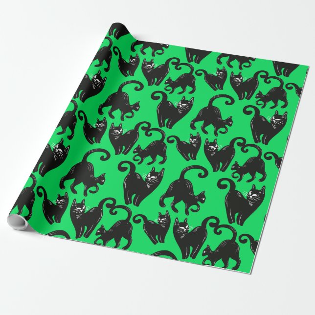Black Cat Green Halloween Wrapping Paper (Unrolled)