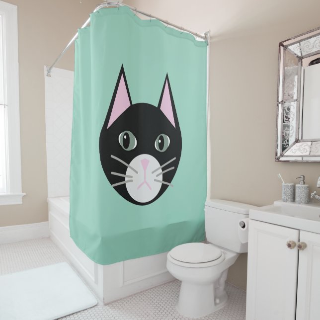 Black Cat Green Shower Curtain (In Situ)