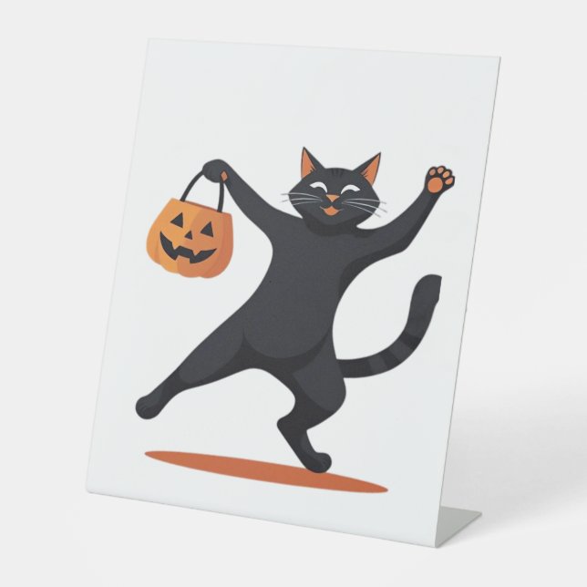 Black cat grooving at the Halloween bash, swinging Pedestal Sign (Front)