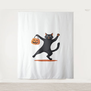 Black cat grooving at the Halloween bash, swinging Tapestry