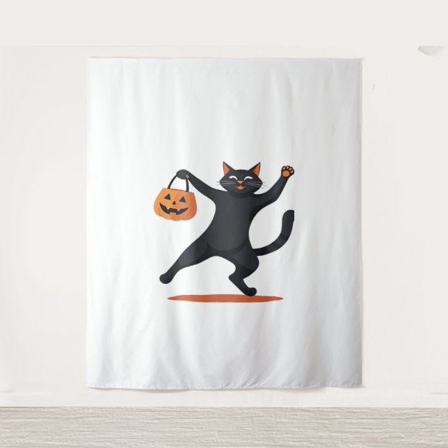 Black cat grooving at the Halloween bash, swinging Tapestry (Front)