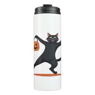Black cat grooving at the Halloween bash, swinging Thermal Tumbler