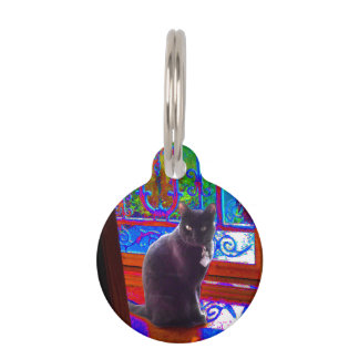 Black Cat Guards a Psychedelic Doorway Pet Tag